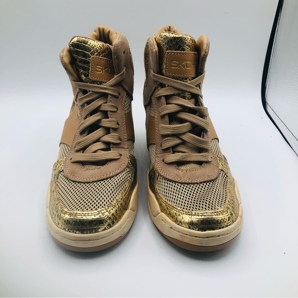 Skechers SKCH+3 Superblast tan and gold Suede‎ Hidden Wedge Shoes Women’s Size 9 - Picture 2 of 9